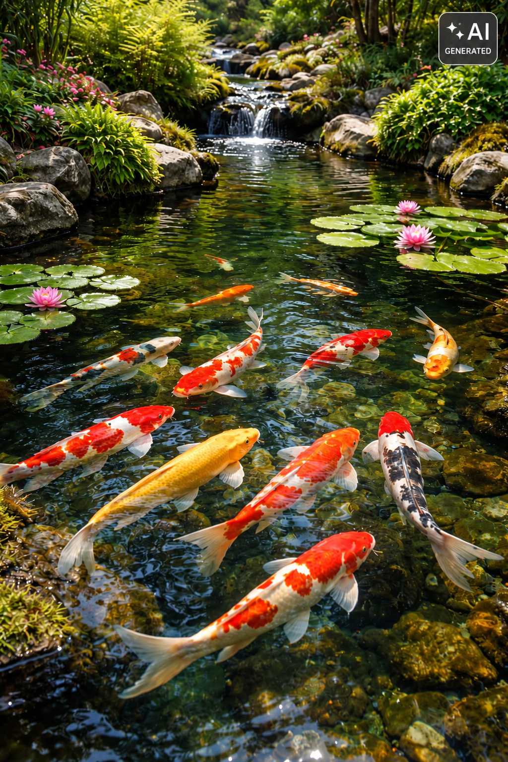Mehrere farbenfrohe Koi-Karpfen schwimmen in einem klaren Teich mit Wasserpflanzen